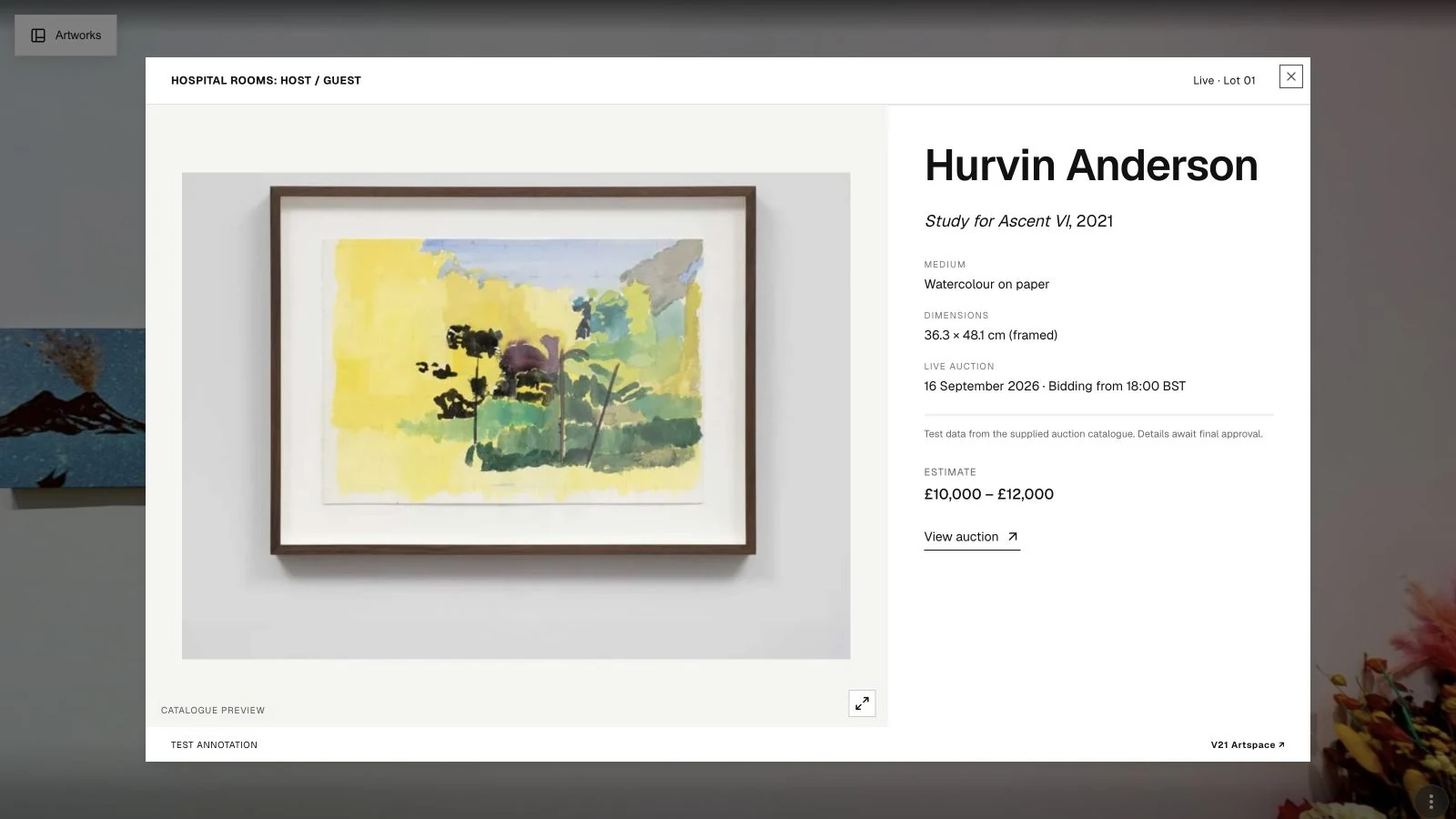 V21 desktop artwork panel with an image on the left and contextual information on the right